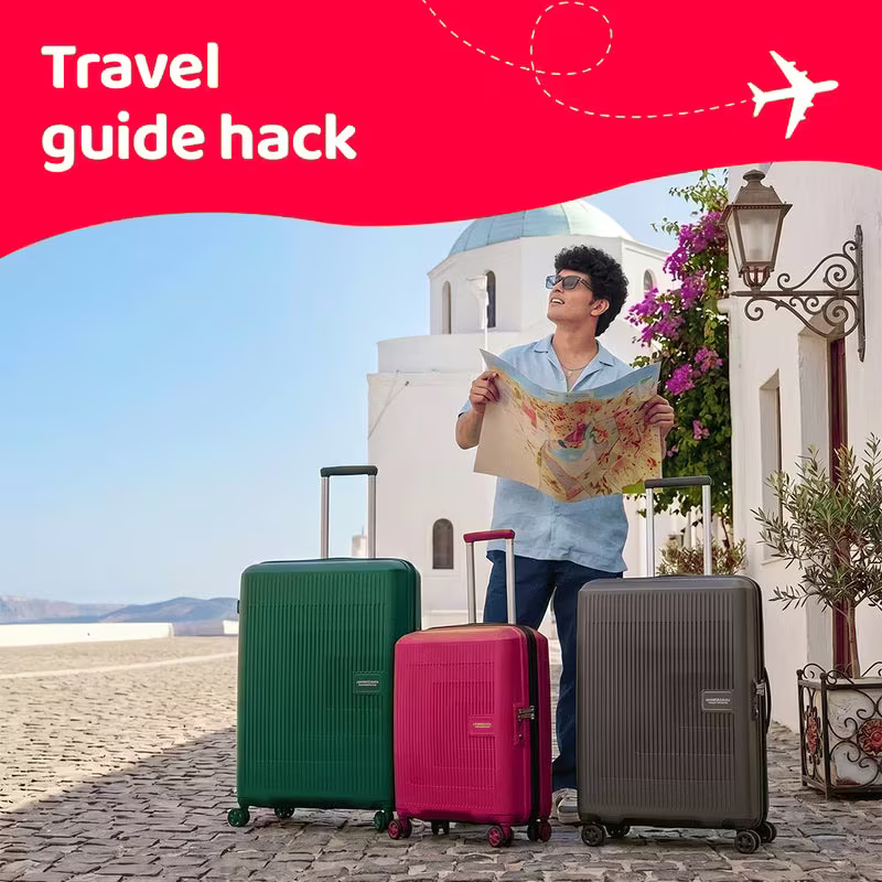 Travel guide hacks — traveller with luggage and a map