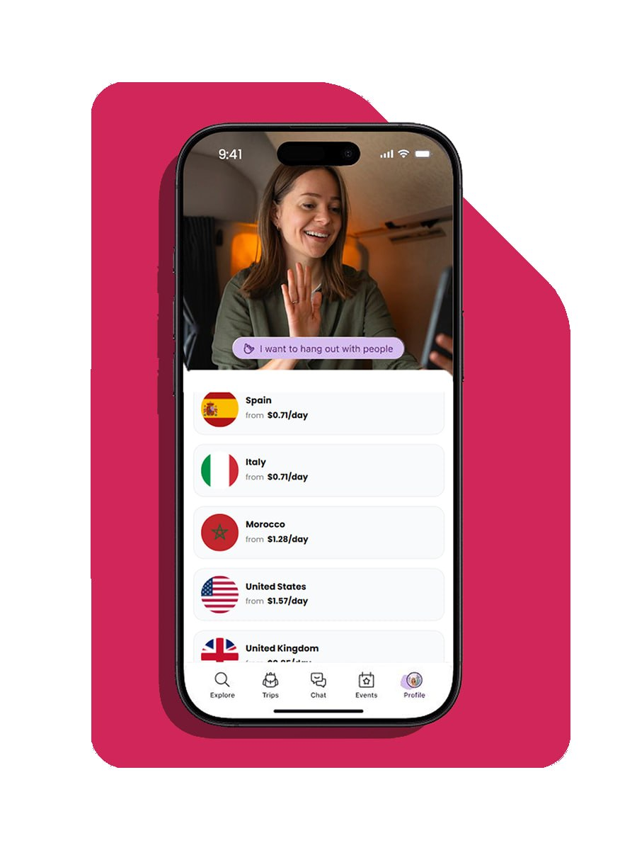 Travinger app showing country data plans on a smartphone