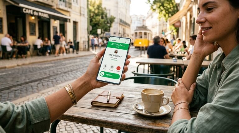 Traveler using WhatsApp on a phone at an outdoor cafe while abroad
