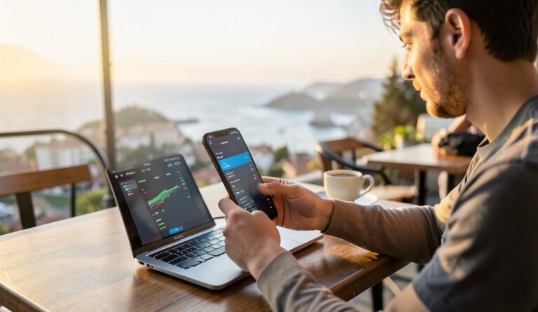 A digital nomad working on a laptop and phone at a coastal cafe