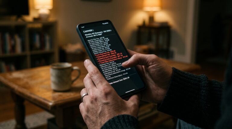 A person reviewing a high mobile phone bill with roaming charges highlighted