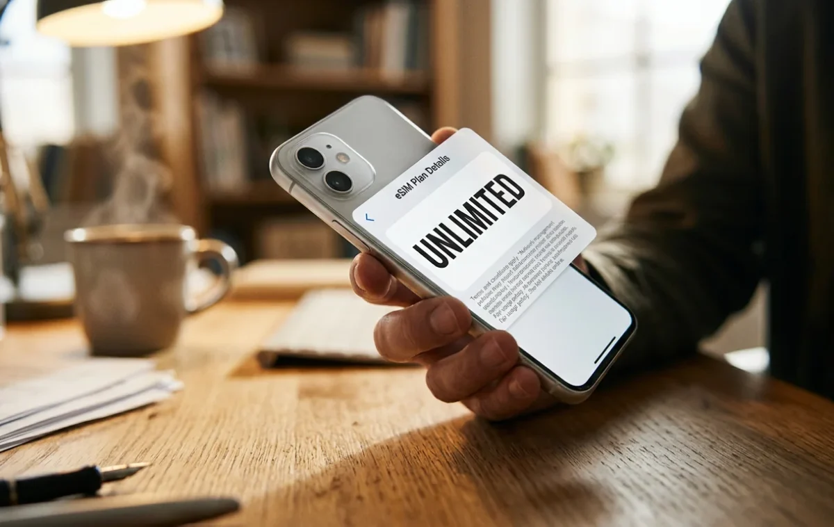 A phone showing an Unlimited eSIM plan with fine-print terms and conditions