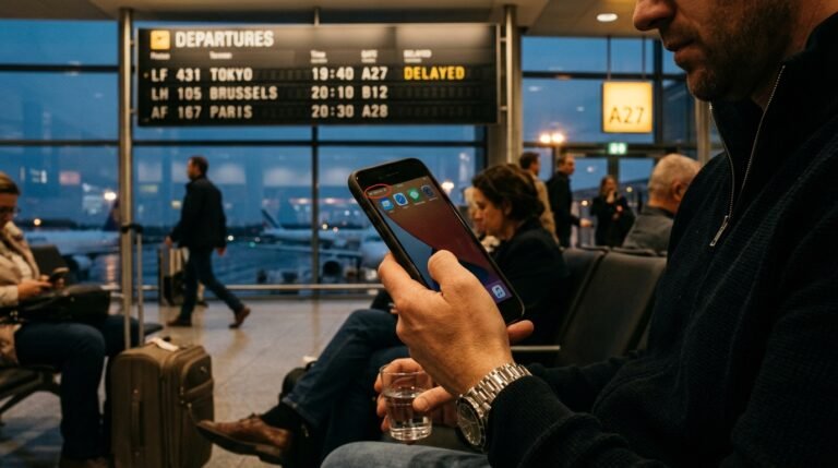 A hand holding a phone showing No Service in a busy airport terminal